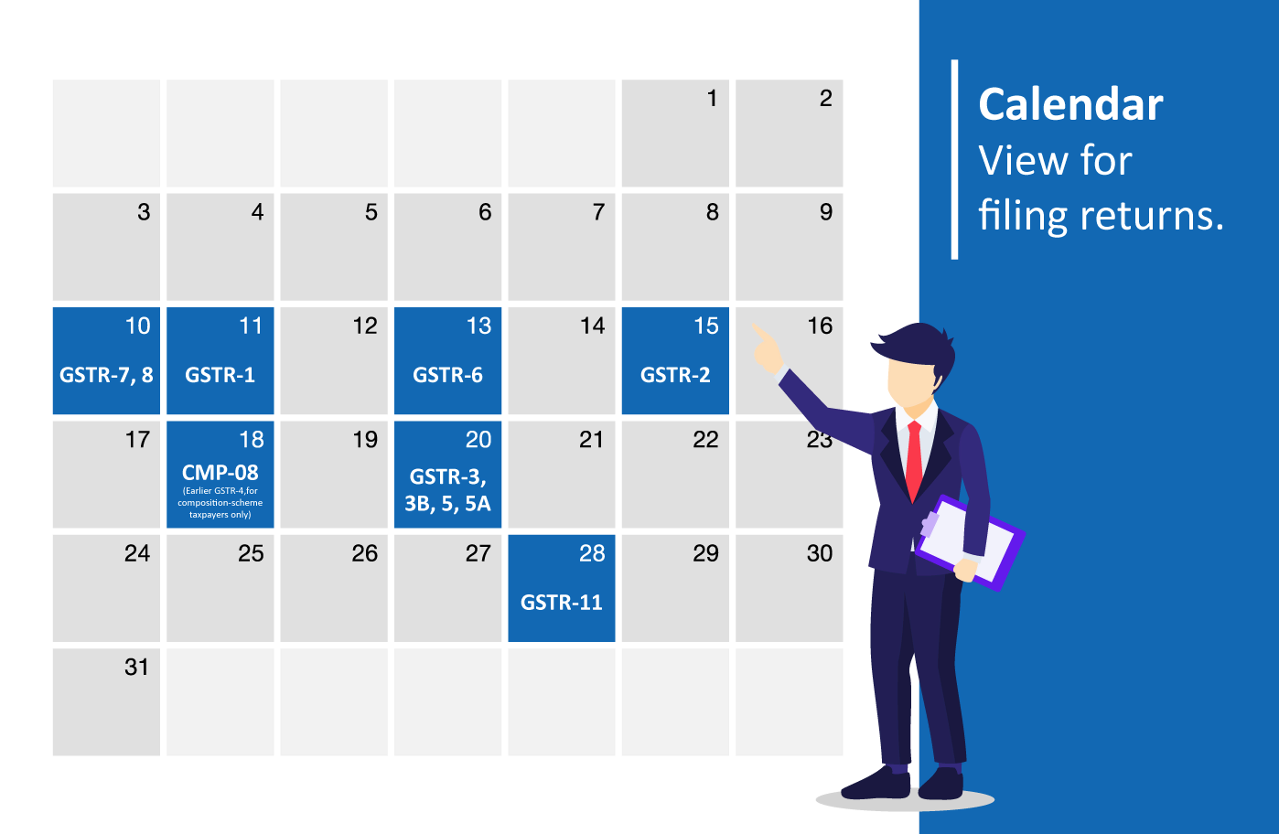 Calendar view highlighting filing dates for various GST returns (GSTR-1, GSTR-2, etc.) in blue.